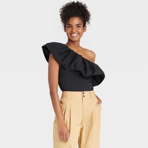 Who What Wear Black Mixed Media One Shoulder Top